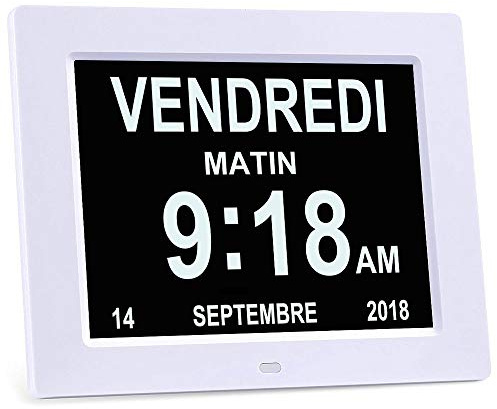 Orologio Calendario Digitale Sveglia, 8 LCD Oscuramento Automatico con Ora, Data, Anno Mese Giorno Non-Abbreviazione Orologio Completo per Perdita Di Memoria Anziani Demenza Alzheimer - Bianco