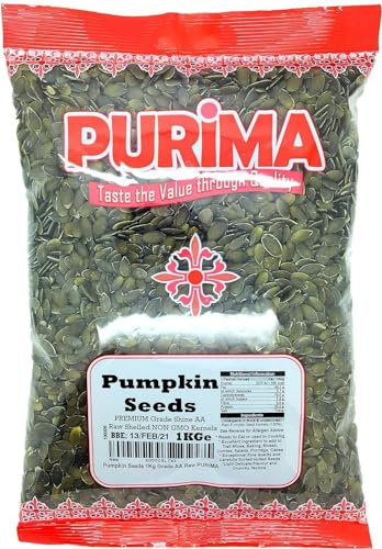 Pumpkin Seeds 1kg - GWS AA Raw Highest Grade Seed - Ready to Eat Edible – For Human Consumption – Without No Shell Whole Kernel – UnRoasted UnSalted Shelled Large Bulk UK (Packaging May Vary) PURIMA