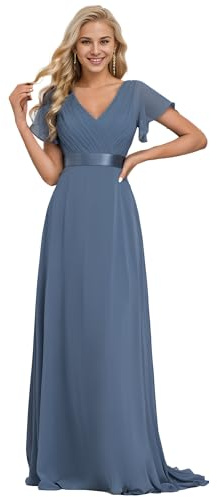 Ever-Pretty A-línea Vestido de Fiesta Cuello en V Manga Corta Gasa Corte Imperio para Mujer Armada Polvorienta 42