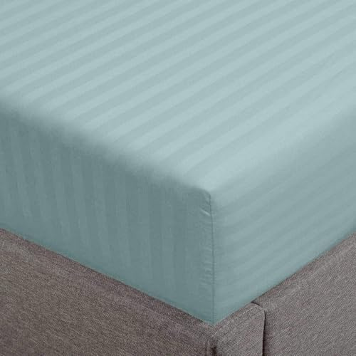 Feather & Stitch 1 Piece Fitted Sheet King Size, 100% Cotton Damask Sateen Weave, Striped Breathable, Stretchable Elastic Sheet for Mattress 18 inch Deep Pocket, 500TC Premium Ultra Soft - Green