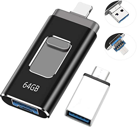 XTVTX Memoria USB 64G, Memoria Flash USB 3.0 Pen Drive 64GB 4 en 1 OTG Memory Stick Compatible para iPhone/Tablet/PC con Micro USB 3.0/USB/Andriod/iOS/OTG (Negro)
