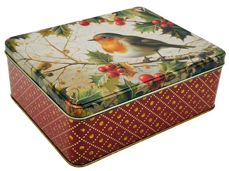MediMuc Presentburk design Nostalgia – kärleksfullt utformad rektangulär förvaringsburk – motiv rödbägare – plåtburk, kakburk, burk – mått: (L x B x H): 19,5 x 15,4 x 7,5 cm