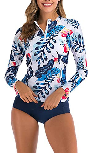 Maillot de Bain Anti-UV Femme, Manches Longues, Deux Pièces, Veste Zippée + Culotte, Protection Solaire Imprimé Tankini Ensembles Maillot de Bain,Blanche,L