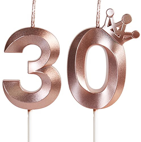 Vela de cumpleaños Con corona, número 30-2.36 pulgadas, color oro rosa, 2 unidad, Velas Cumpleaños Divertidas, Velas de Pastel Cumpleaños, Velas Doradas para Cumpleaños, Aniversario, Fiesta Temática