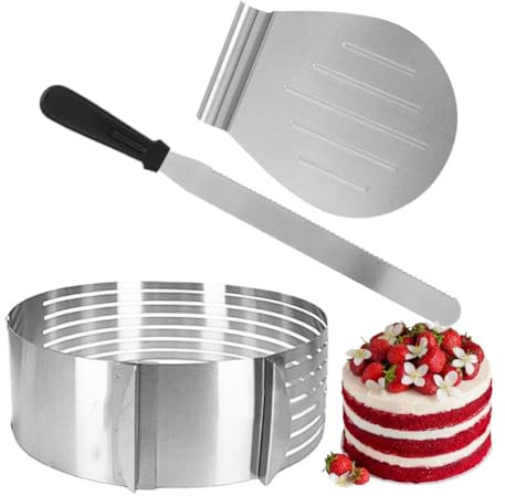 LOMUG Tortenzubehör Set, Tortenboden Schneidhilfe, 3PCS Torten Zubehör Set, Edelstahl Tortenring Verstellbar+Tortenheber+Tortenschneider Tortenbodenschneider Backzubehör für Kuchen Torten Backen