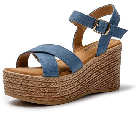 JOMIX Sandales Espadrilles Compensées Femme Sandale Femme Sandales Compensé d'été Sandale Réglable avec Boucle pour Maison Piscine Plage (Bleu, 41)