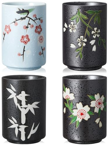 Qinyoung 4 Pcs Japanese Tea Cups 10 oz Ceramic Christmas Japanese Gifts Chinese Restaurant Sakura Teacups No Handles Japan Mug Souvenirs for Tea Latte Coffee Juice