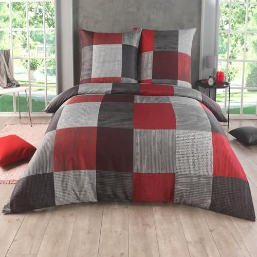 Bettwäsche 200x200 3 teilig - Mikrofaser Bettbezug 200x200 cm + 2 x Kissenbezug 80x80 cm - atmungsaktiver Stoff mit Reißverschluss - Einzelbett - modernes Karo Design Rot