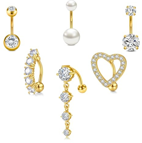 LAURITAMI 6 Pièces 14G Piercing Nombril Or Set, Acier Chirurgical Anneau Cœur Inversé CZ Perle Diamant Bijoux pour Femmes Hommes