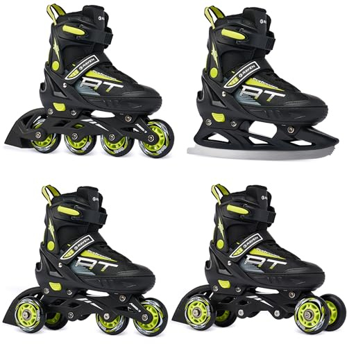 RAVEN Profession 4in1 Inline Skates Pattini in linea Triskates Pattini a rotelle/da ghiaccio per bambini e adulti regolabili (Black/Lime, 28-32 (18,5-21cm))