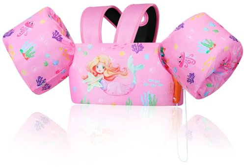 MoKo Kinder Schwimmflügel, Cartoon Schwimmende Badeanzug Schwimmweste, Schwimmtraining Jacke Schwimmflügel mit Schnalle für Jungen Mädchen 9 bis 22,6 kg (20 bis 50 lb), Rosa Meerjungfrau