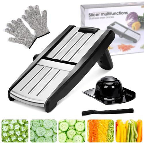 Masthome 5 in 1 Mandoline Vegetable Slicer, Stainless Steel Mandoline Food Slicer with Safety Glove & Cleaning Brush, Adjustable Vegetable Chopper for Potatoes, Onions, Carrots, Cucumbers, Cabbages