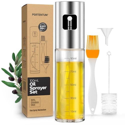 PORTENTUM Oil Spray Bottle 100ml Stainless Steel Olive Oil Dispenser, Leakproof Oil Bottle with Accessories – Oil Sprayer for Cooking, BBQ, Salad and Air Fryer