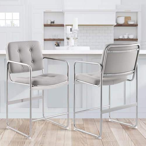 COLAMY Barhocker 2er Set, aus PU Leder Barstühle mit Metallfüßen & Knopfheftung, Belastbar bis 136kg pro Hocker, Moderne Küchenhocker für Bar, Wohnzimmer, Küche, Grau
