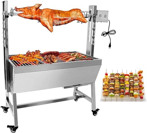 Barbacoa tostadora de carbón vegetal 132 libras 110 V/220 V 25 W 5 rpm altura ajustable de 5.7 a 12.6 pulgadas, rueda giratoria de 360°