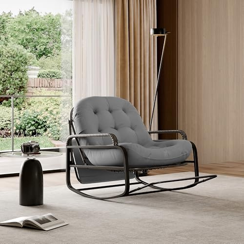 Aneutr Fauteuil à Bascule Exterieur Interieur, Chaise Longue de Salon Rocking Chair en Rotin PE avec Coussin Rembourré et Auvents, Chaise à Bascule pour Chambre Salon Jardin Terrasse (Gris)