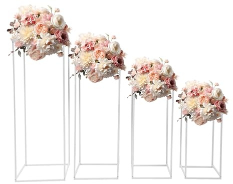 DunleyMin 4 columnas de flores de metal para boda, florero cuadrado para plantas, columnas decorativas para jardín, terraza, salón, celebración (blanco)
