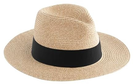 Beechfield Straw Fedora – Natural/Black, Handmade Paper Straw Hat with Unisex Styling, Removable Grosgrain Band, Polyester Sweatband, L/XL, Made for Personalisation, Fedora Hats for Women