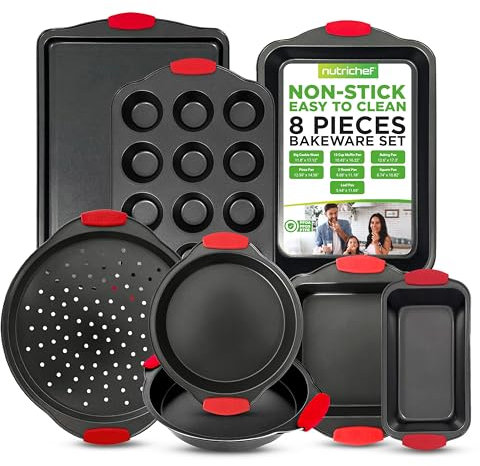 NutriChef 8-Piece Non-Stick Baking Tray Set, Stackable Oven-Safe Bakeware, Cookie Sheet, Loaf, Pizza, Muffin, Cake, Round & Square Pans, Non-Stick Trays with Red Silicone Handles