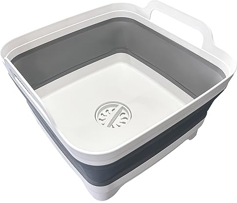 Leemeimei 9L (2.4Gal) Dish Basin Collapsible with Drain Plug Carry Handles,Kitchen Storage Tray Dish Wash Basin, Portable Dish Tub, Foldable Dishpan for Camping,RV,Gray