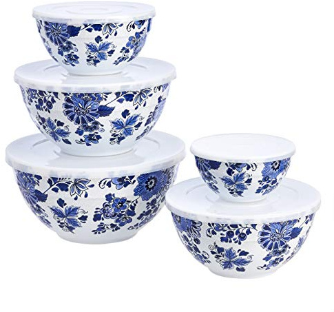 Amazon Basics Nesting Melamine Mixing Bowls with Lids and Non-Slip Base, Dishwasher Safe, Space Saving, 5 Sizes, Blue and White Floral, Set of 10