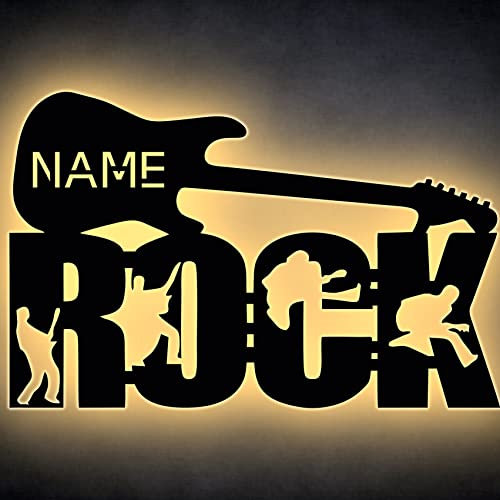 LEON FOLIEN Rock Gitarre Nachtlicht Led personalisierte Geschenk für Sie Ihn mit Name aus Holz Lasergravur Kinderzimmer Schlafzimmer Schlummerlicht