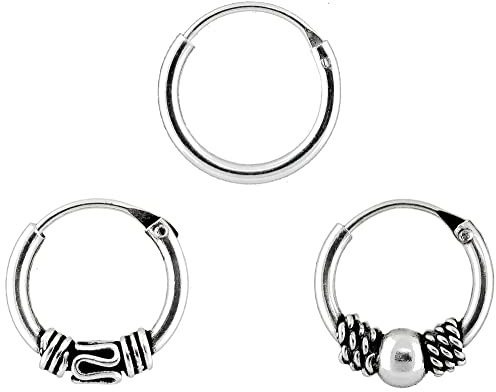 ENTREPLATA Set de 3 Aros Plata de Ley 925 – Criollas Tribales Bali + Aro Liso – Pendientes Unisex Hechos a Mano – 10 y 12 mm – Joyas Certificadas
