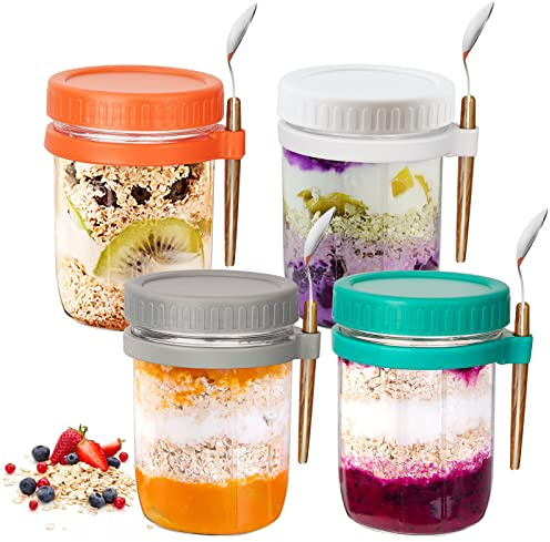 Reusable Overnight Oats Jars with Lid and Spoon Set of 4, 10 oz Large Capacity Airtight Oatmeal Container with Measurement Marks, Wide Mouth Mason Jars On The Go Cups for Salads Yogurt Cereal Milk