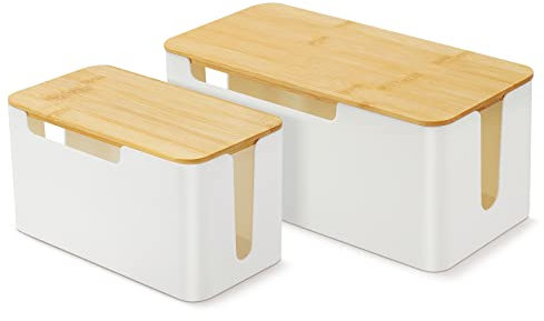 Kabelbox, 2 Stück Kabel Organizer Box Groß und Klein, Steckdosenbox Für Kabelführung mit Bambusdeckel & Gummifüßen, Aufbewahrungsboxen Kabel verstecken zum Schutz von Kinder und Haustieren