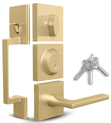 Mega Handles Maniglia per porta d'ingresso dorata, maniglia monocilindrica con leva per porte d'ingresso e anteriori, moderna maniglia per porte sinistre e destra; maniglia dritta