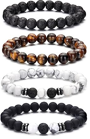 Hipwope Perlenarmbänder für Männer, Schwarze Perlenarmbänder für Frauen Perlenarmbänder für Frauen Elastisches Männerarmband Lava Rock Armbänder Tigerauge Armband Männer