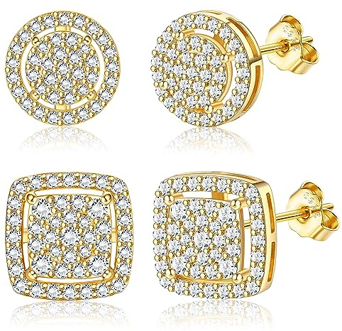 FASACCO Earrings for Men Sterling Silver Men's Earrings 14K Gold Earrings for Men Iced Out Halo Square Earrings Set