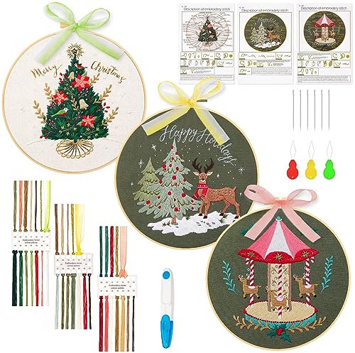 JSRQT Weihnachts Stickerei Kit, 3 Sets Stickset für Anfänger Erwachsene, Stickerei Starter Kit mit Weihnachtsmuster, Handgefertigte Sticksets Stickwerkzeug-Set mit Stickrahmen-Anleitung