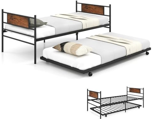 COSTWAY 3FT Metal Day Bed with Trundle, Industrial Single Bed Frame with Headboard, Steel Slat Support Space-Saving Guest Sofa Beds Base Platform Mattress Foundation