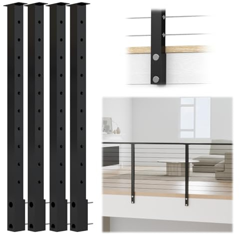 Muzata 4Pack Black Side Mount Cable Railing Post 36 Inch 36x2x2 Level Drilled Space-Saving Stainless Steel Cable Railing System Kit Indoor Outdoor with User Guide PF02 BH4S