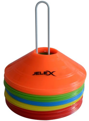 JELEX Trainingshütchen Set 50 Stück, Fussball Hütchen Set Markierungsscheiben für Training und Freizeit inkl. Hütchenständer (Mehrfarbig)