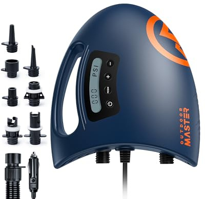 OutdoorMaster The Shark - Bomba de Aire eléctrica Sup de Alta presión con 20 PSI 12 V CC, Sistema de refrigeración Activo, Inteligente en Dos etapas, inflación automática para Tabla de Remo Inflable
