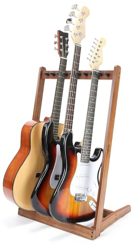 Multi Guitar Stand, Zebra Wood Guitar Rack for 3 Acoustic/5 Electric/Bass | for 3 Acoustic/5 Electric/Bass, Soft Felt Pad, Neck Holder, Floor Instrument Holder, Space Saving, for Home Studio Display