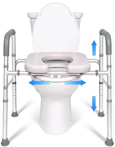 Toilet Safety Frame, Height and Width Adjustable Toilet Rail, Raised Toilet Seat and Frame for Elderly Handicap Bedside Commode Chair for Toilet Raised Toilet Seat Riser White