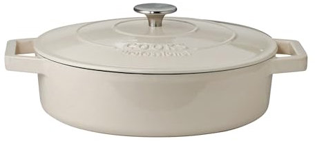 Cooks Professional 28cm Cast Iron Shallow Casserole Dish 4.3L with Lid & Handles | Colourful Modern Enamelled Cooking Pan Pot | Suitable For All Hobs Inc Induction | Oven & Grill Safe | Off White