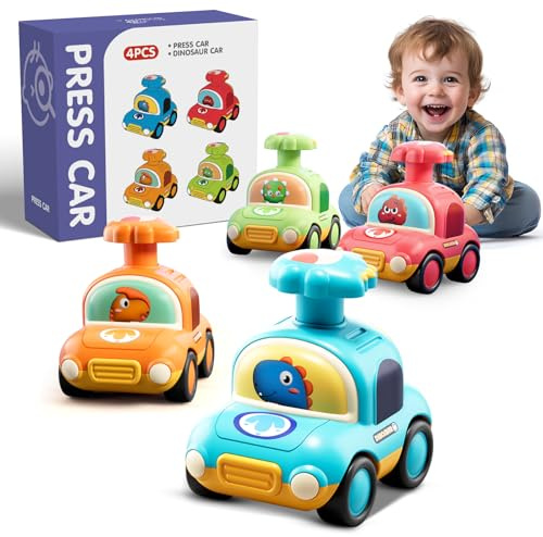 Jumkeet Baby Spielzeugautos für Kleinkinder ab 18 Monaten+, 4 Stück Tier Press-and-Go-Auto, Süße Dinosaurier Cartoon Aufziehautos, Rennautos Fahrzeug Sets Geschenke für Kinder Jungen Mädchen
