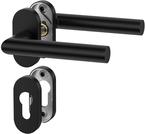 ERGO line Profiltür-Drückergarnitur NINA Schwarz Türbeschlag L-FORM, Oval-Rosette, PZ-Rosette, Oval Rosettengarnitur für Schmalrahmentüren, Türklinken, Türklinke Schwarz, Türdrücker