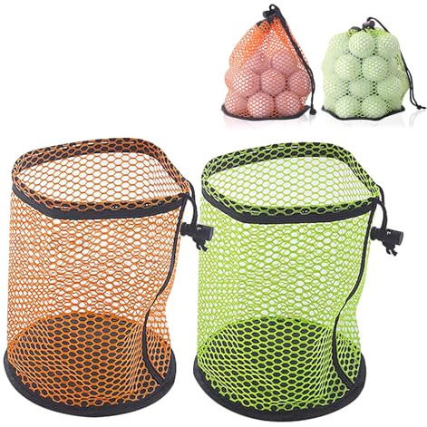 MXGHIR 2 PCS Golf Ball Bag, Golf Ball Storage Bags with Drawstring Cord Lock Closure Each Hold 25 Balls, Nylon Mesh Accessories Pouch for Men, for Courses, Shcool, Training, Camping (Orange, Green)
