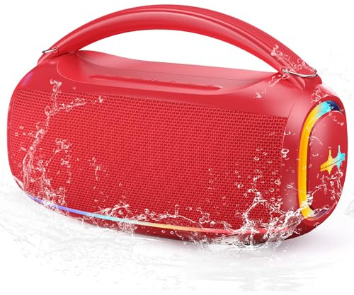 LSMOEO Portable Bluetooth Speaker with 60W Stereo Sound,BassUp, BT5.3,12-Hour Playtime,IP5 Waterproof Wireless Loud Speakers,RGB Multi-Color Rhythm Lights for Outdoor/Party/Gifts-Red