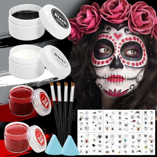 12 piezas de maquillaje blanco y negro para cara Halloween, maquillaje de Halloween, Body Painting colores blanco, negro, rojo con 4 cepillos y 4 pegatinas, no tóxico, para Halloween, carnaval