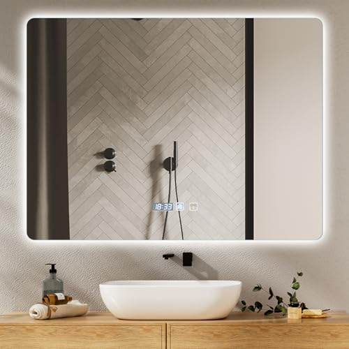 wowspeed Espejos de Baño con Luz LED 80 x 60 cm, Espejo Baño con luz Regulable de 3 Colores, Función Antivaho, Ajuste de Brillo, Interruptor Táctil
