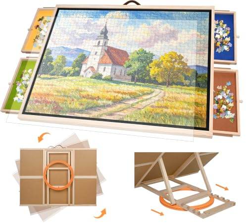 2-in-1 Rotating Tilting Jigsaw Puzzles Board, 1500 Pieces Puzzle Table | Wooden Jigsaw Puzzle Table with 4 Drawers & Cover, 6 Height Adjust,Lazy Susan Turntable Puzzle Boards for Adults Gift