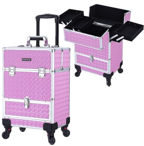 TOPACK Rolling Makeup Train Case,Professional Cosmetology Case on Wheels,Large Cosmetic Organizer Trolley Case,Makeup Travel Case with Draws,Nail Artist Hairstylist Storage Traveling Cart Trunk,Pink