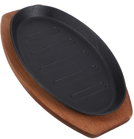 CONGARTENO Plato de Hierro Fundido para Parrilla con Base de Madera Antiadherente Duradero y Práctico para Servir Carne y Pescado Hogar y Restaurante