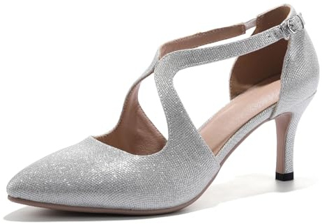 HIPPOSEUS Zapatos de Vestir de Tacón de Aguja 7cm para Mujer Zapatos Cómodos Clásicos con Punta Afilada para Bureau y Fiestas,Plateado,40.5 EU